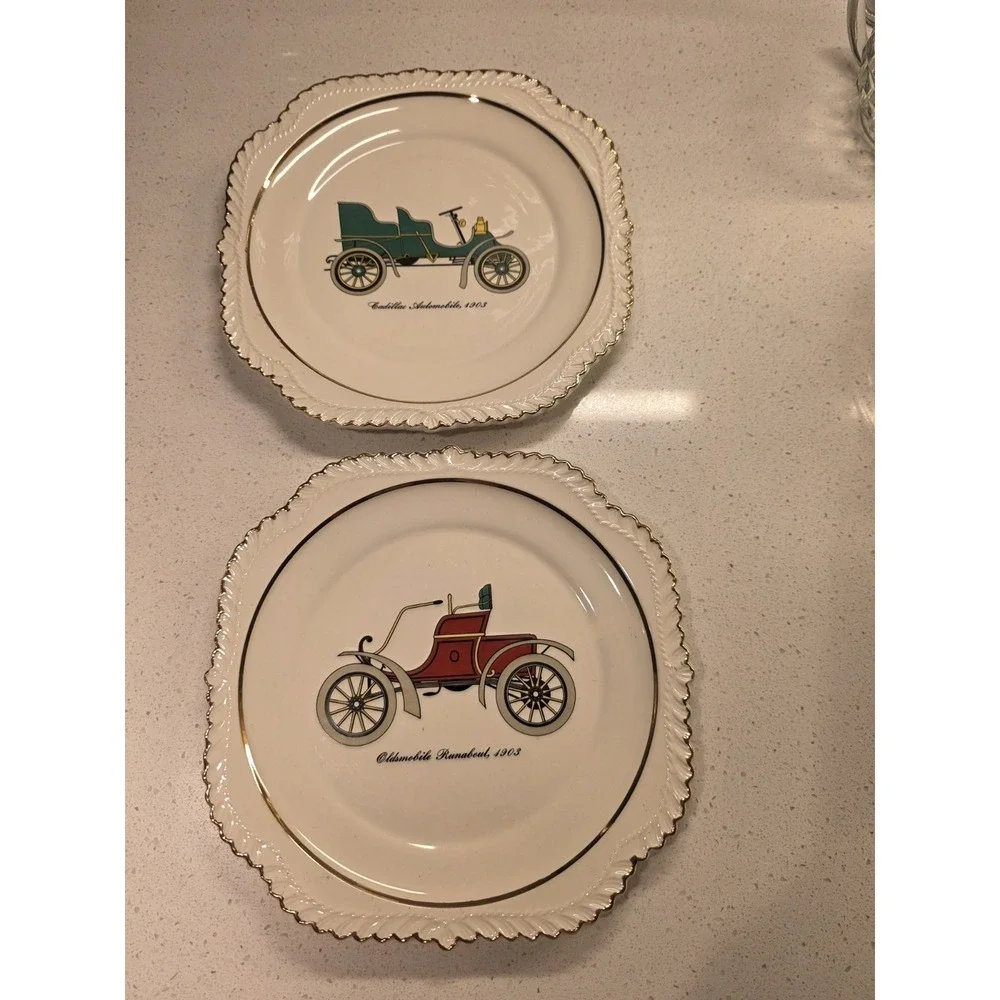 Set of Two Vintage Beautiful Automobile Plates With 22KT. Gold Trims